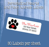 Personalized PAW PRINTS, Cat and Dog Return ADDRESS Labels Color Heart Choice