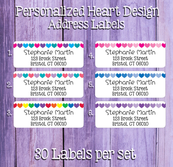 Multi-Colored Hearts Address Labels, 30 Return Address Labels per sheet, Love, Hearts, Personalized, Valentine's Day, Everyday