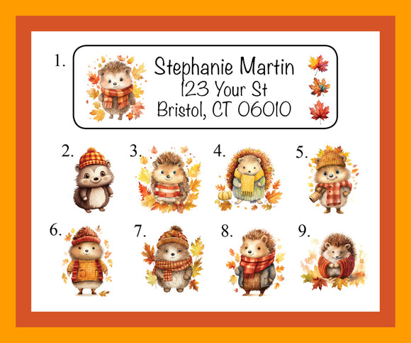 Personalized Cute Autumn Hedgehogs Address Labels, Sets of 30, Cozy Hats, 30 Address Labels