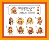 Personalized Cute Autumn Hedgehogs Address Labels, Sets of 30, Cozy Hats, 30 Address Labels