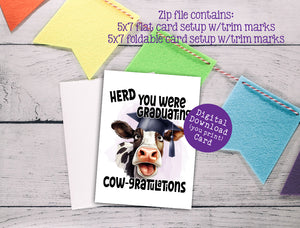 Funny Graduation Card, Herd You Were Graduating, Digital Printable, Instant Download, 2 Style Layouts in Zip, Cow