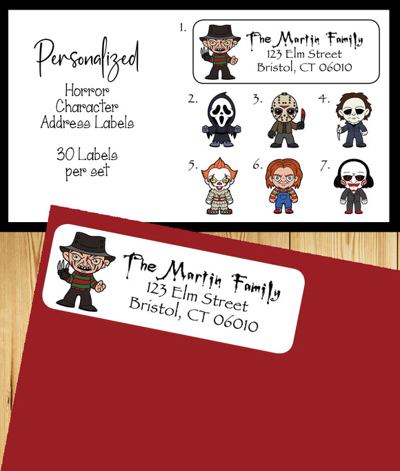 Horror Movie Character Labels, Property of, Address Labels, Sets of 30 Personalized Labels