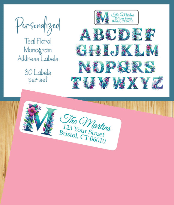 Personalized Teal Floral Monogram Address Labels – Custom Return Address Stickers – Set of 30 – Initial Mailing Labels