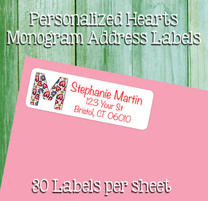 Personalized HEART DESIGN MONOGRAM Initial Address Labels, Return Address Labels, 30 per sheet