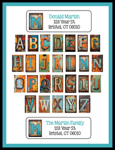 Personalized Rusty LICENSE PLATE LETTERS Monogram Address Labels, Sets of 30, Return Initial Labels