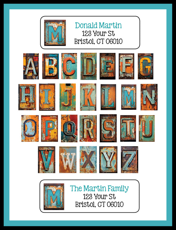 Personalized Rusty LICENSE PLATE LETTERS Monogram Address Labels, Sets of 30, Return Initial Labels