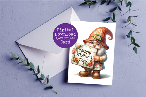 Garden Gnome Mother's Day, Digital Printable Card, Instant Download, Greeting Card
