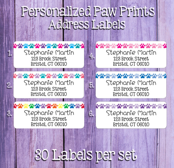 Multi-Colored Paw Prints Address Labels, 30 Return Address Labels per sheet, Rainbow
