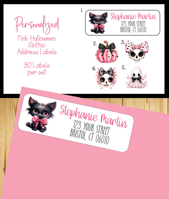 Pink Halloween Address Labels, Cute Gothic Skull Pumpkin Black Cat Return Labels, Personalized Halloween Stickers, Set of 30
