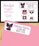 Pink Halloween Address Labels, Cute Gothic Skull Pumpkin Black Cat Return Labels, Personalized Halloween Stickers, Set of 30