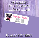 Pink Halloween Address Labels, Cute Gothic Skull Pumpkin Black Cat Return Labels, Personalized Halloween Stickers, Set of 30