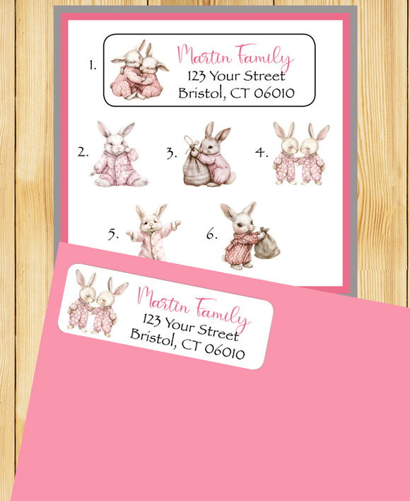 Bunnies in Pink Pajamas Address Labels, 30 Return Address Labels per sheet, Bunny PJs, Personalized, Everyday Labels, Baby Shower