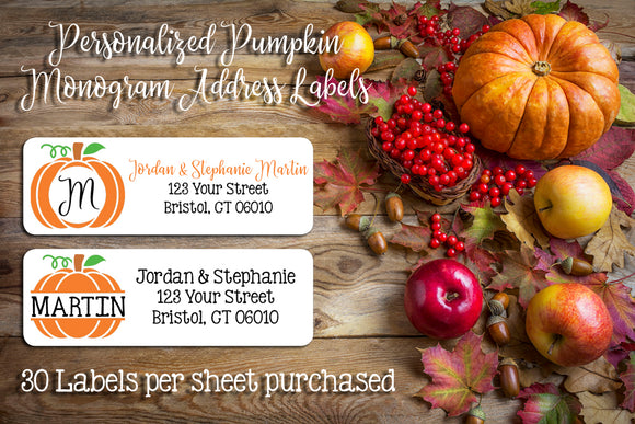 Personalized PUMPKIN Monogram Return ADDRESS Labels, Sets of 30, Personalized Labels, Autumn, Fall