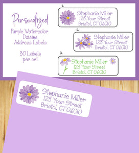 Personalized Purple Watercolor Daisies Labels, Property of, Address Labels, Sets of 30 Labels
