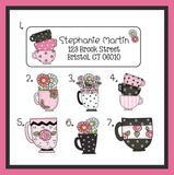Personalized Whimsical Coffee and Tea Cups Address Labels:Return Address, Set of 30