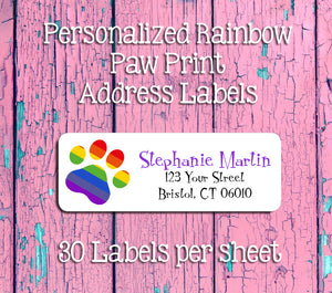 Personalized Rainbow Paws Return ADDRESS Labels, Kitty, Cat, Dog, Paw Prints