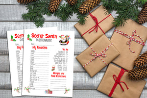 Secret Santa Questionnaire, Printable, Instant Download Secret Santa Form, Digital Download PDF