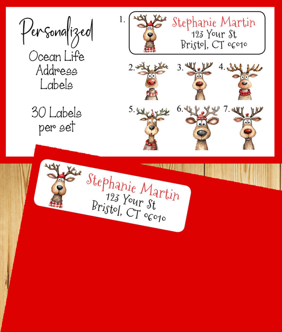 Personalized Christmas Whimsical Reindeer Return Address Labels - Sets of 30