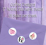 1" Round Coffee Designs Stickers / Seals, 63 Seals Stickers