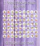 1" Round Sloth Designs Stickers / Seals, 63 Seals Stickers