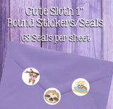 1" Round Sloth Designs Stickers / Seals, 63 Seals Stickers