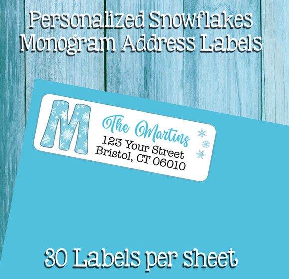 Personalized Snowflake Initial Return Address Labels - Monogram, Initial, Sets of 30