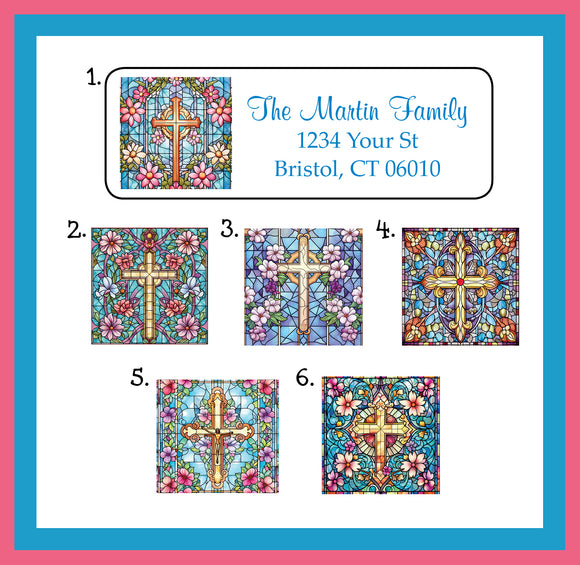 Personalized ADDRESS Labels Religious Stained Glass CROSSES, Personalized Return Labels