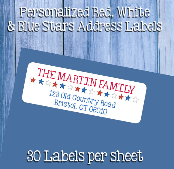 STARS, Patriotic Design Labels, Property of, ADDRESS Labels, Sets of 30 Personalized Labels. Red, White, and Blue Stars