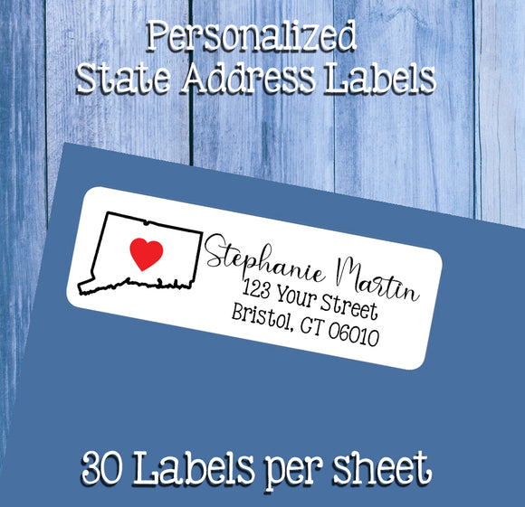 Personalized STATE Outline with HEART Address Labels, Sets of 30, Change of Address, Personalized