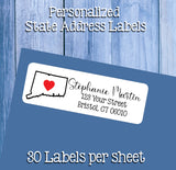 Personalized STATE Outline with HEART Address Labels, Sets of 30, Change of Address, Personalized