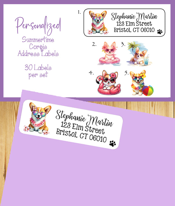 Summer Corgis Address Labels, 30 Return Personalized Address Labels per sheet, Corgi