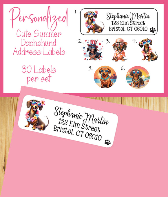Summer Dachshunds Address Labels, 30 Return Personalized Address Labels per sheet, Doxie