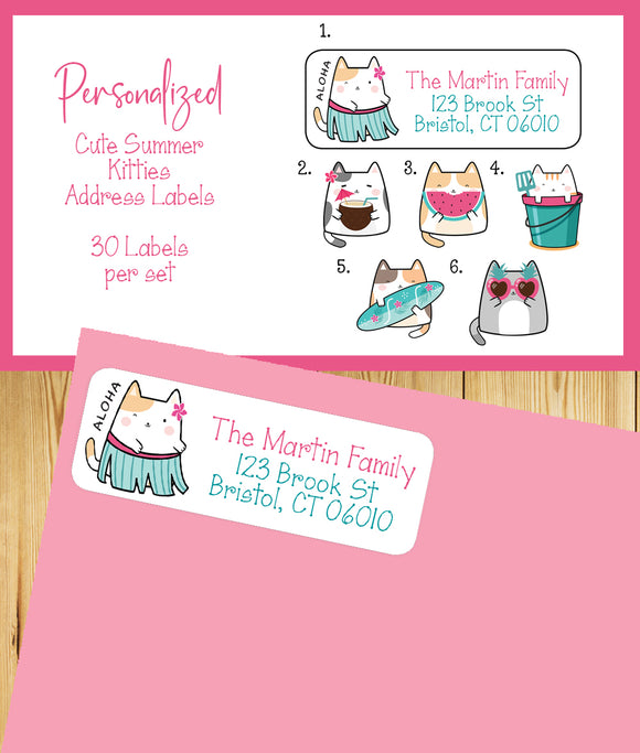 Summer Kitty Cats Address Labels, 30 Return Address Labels per sheet, Kawaii Kitties, Personalized, Everyday Labels