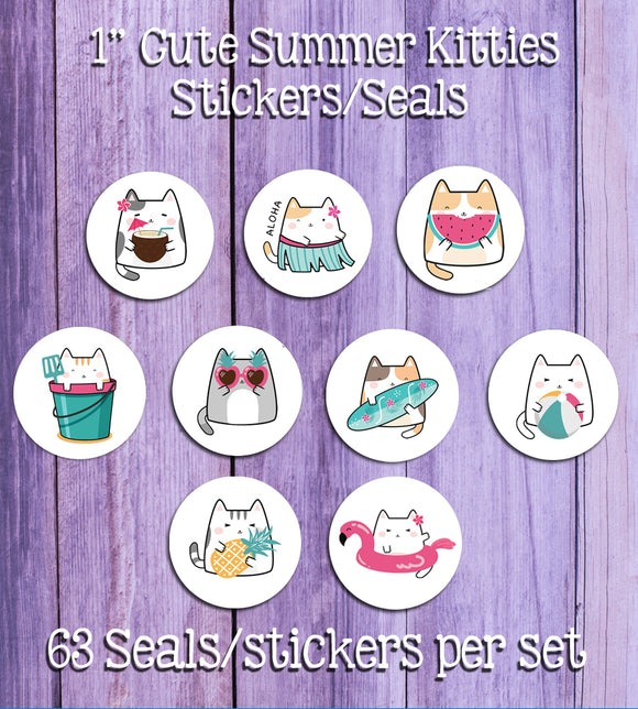 Cute Summer Kitty Cat Designs Stickers Seals, 63 Round 1