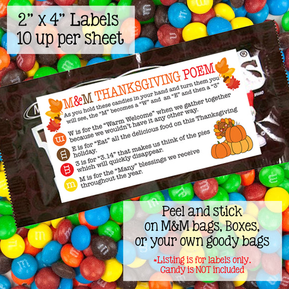 Thanksgiving Poem Favor Goody Bag Labels, Fun for Kids and Adults! M&M Candy Bag Labels