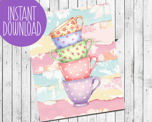 Cottage Chic Teacups Stack Wall Decor Instant Download 8x10 Print