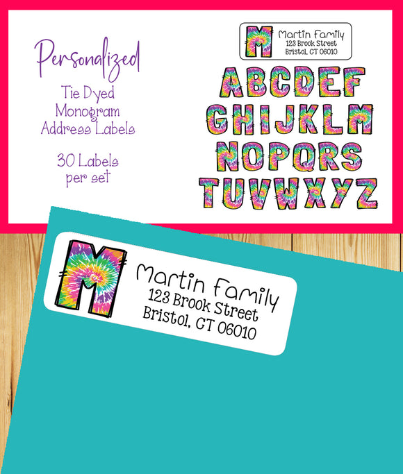 Personalized Tie Dye Monogram Address Labels – Custom Return Address Stickers – 30 per Set Colorful Mailing Labels for Envelopes & Packages