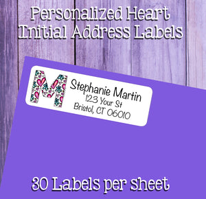 Personalized HEART DESIGN MONOGRAM Initial Address Labels, Return Address Labels, 30 per sheet v2