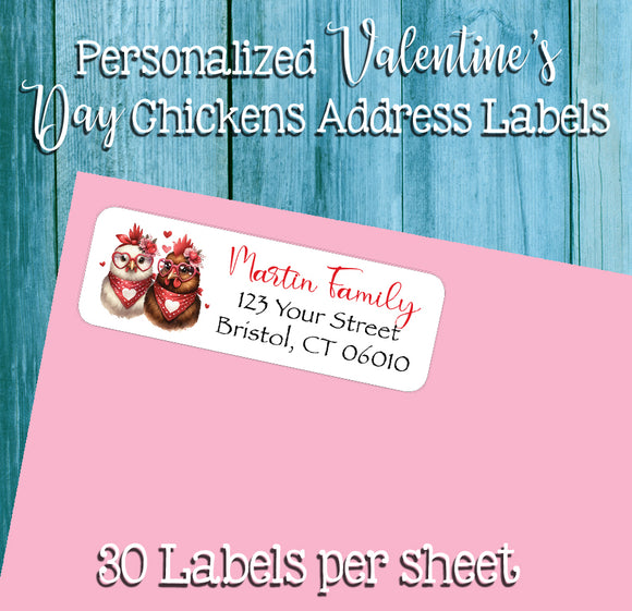 Chickens in Love Personalized Return Address Labels, Love, Sets of 30, Anniversary, Engagement, Valentine's Day