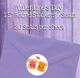 Valentine's Day Kawaii Couples 1.5" Round Gift or Envelope Stickers / Seals, 30 per sheet