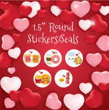 Valentine's Day Kawaii Couples 1.5" Round Gift or Envelope Stickers / Seals, 30 per sheet