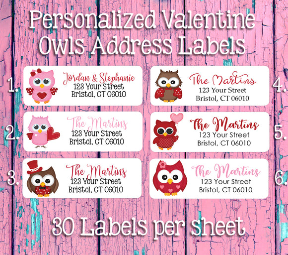 Personalized VALENTINE'S DAY OWLS Return Address Labels, 30 per sheet