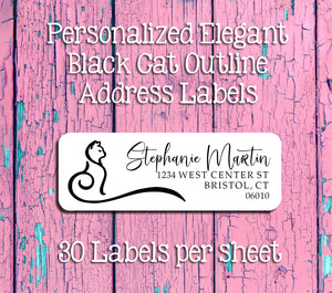 Personalized Elegant BLACK CAT Outline ADDRESS Labels, Sets of 30, Return Labels