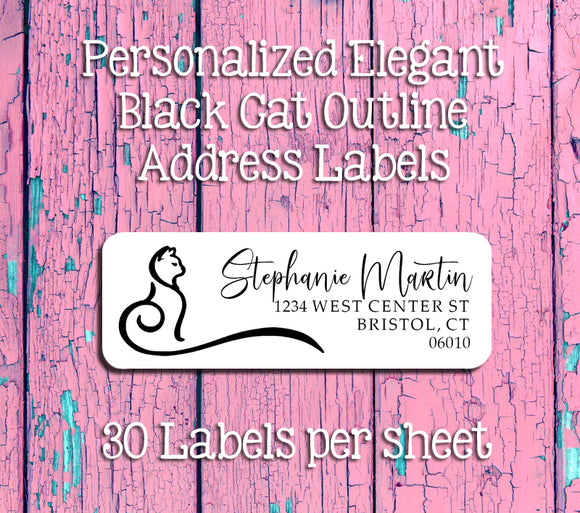 Personalized Elegant BLACK CAT Outline ADDRESS Labels, Sets of 30, Return Labels
