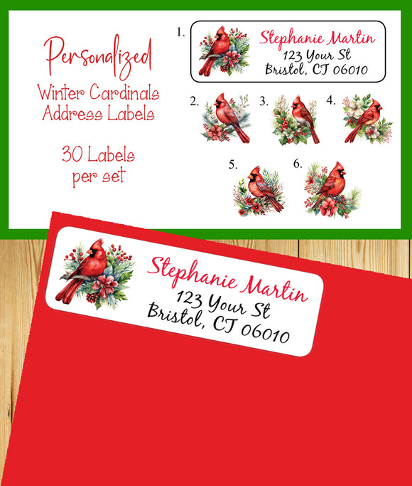 Personalized Winter Cardinals Address Labels Sets of 30 Labels, Personalized Return Labels, Christmas