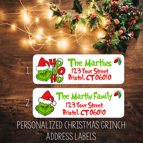 Personalized Christmas Grinch Return Address Labels, Sets of 30