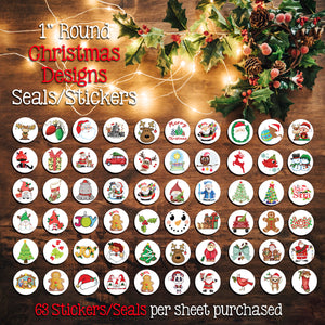 1" Round CHRISTMAS Design STICKERS / Seals, 63 Christmas Stickers
