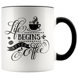 LIFE BEGINS AFTER COFFEE Design 11oz Color Accent White Coffee Mug - J & S Graphics
