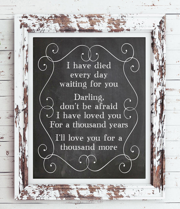 A Thousand Years Song Lyrics Quote Digital Faux Chalkboard Design Wall Decor INSTANT DOWNLOAD