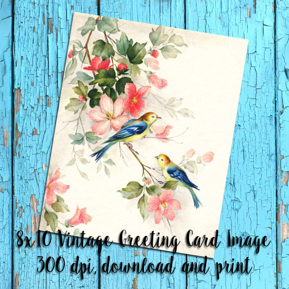 Instant Download VINTAGE GREETING CARD - 2 Birds in a tree - J & S Graphics